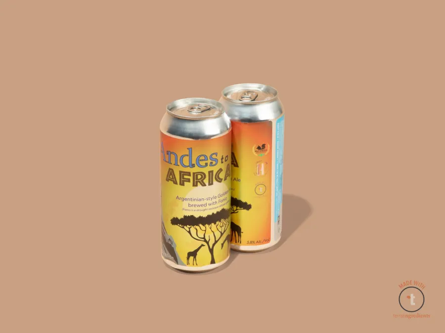 Two cans of fonio beer are displayed on a dark tan background