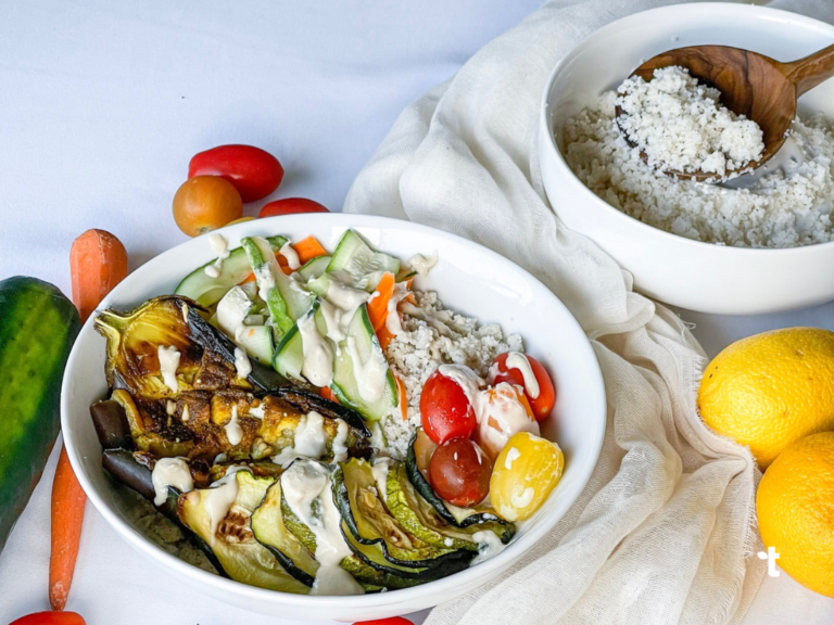 Fonio and roasted veggies recipe on display