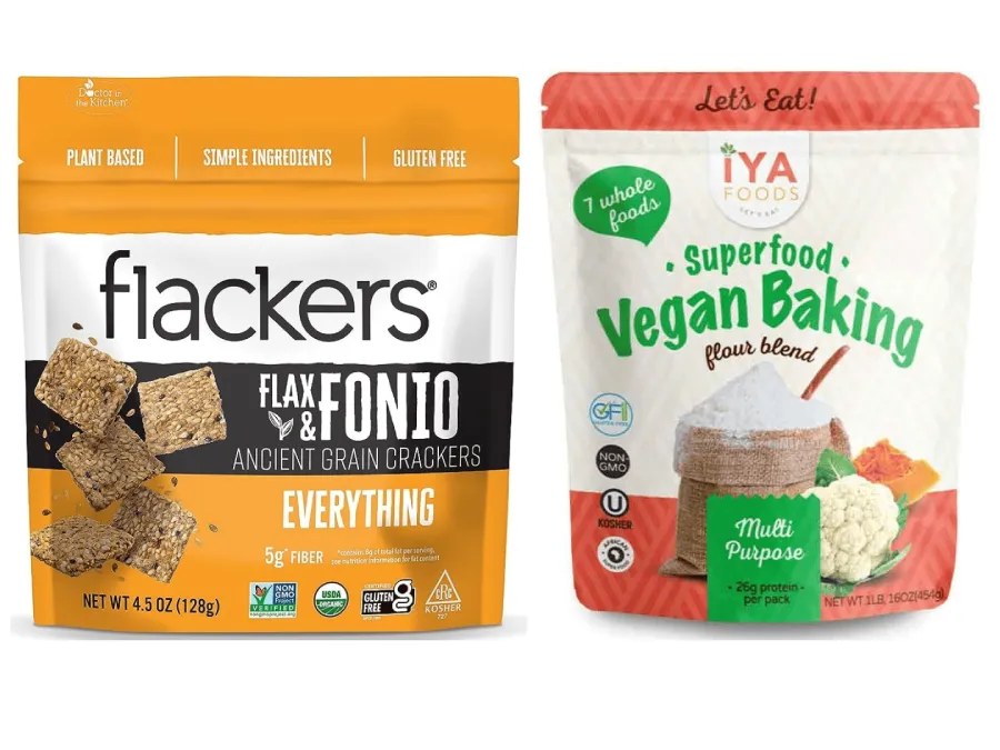 Flackers Flax & Fonio crackers and Iya Foods Vegan Baking flour featuring fonio are on display