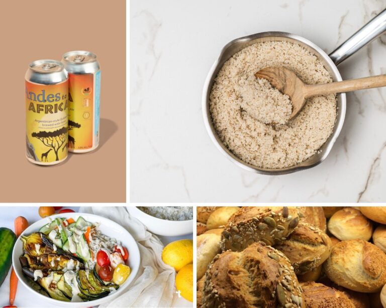 A collection of fonio recipes, including beer, couscous in a pot, summer grain bowl and a Jamaican jerk chicken plate.