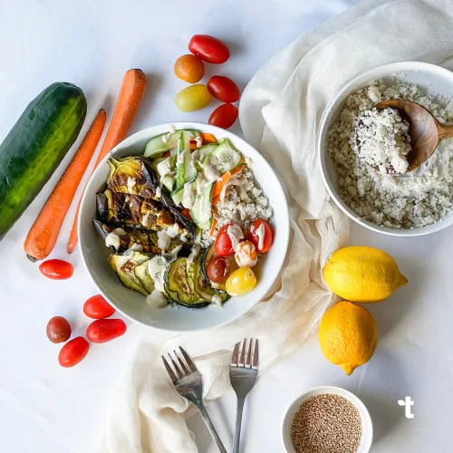 Fonio makes a great substitute for rice in the roasted veggie bowl.