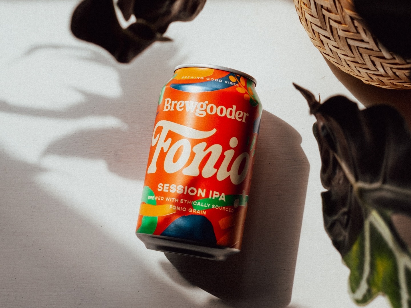 A can of Brewgooder Fonio Session IPA is displayed next to a plant