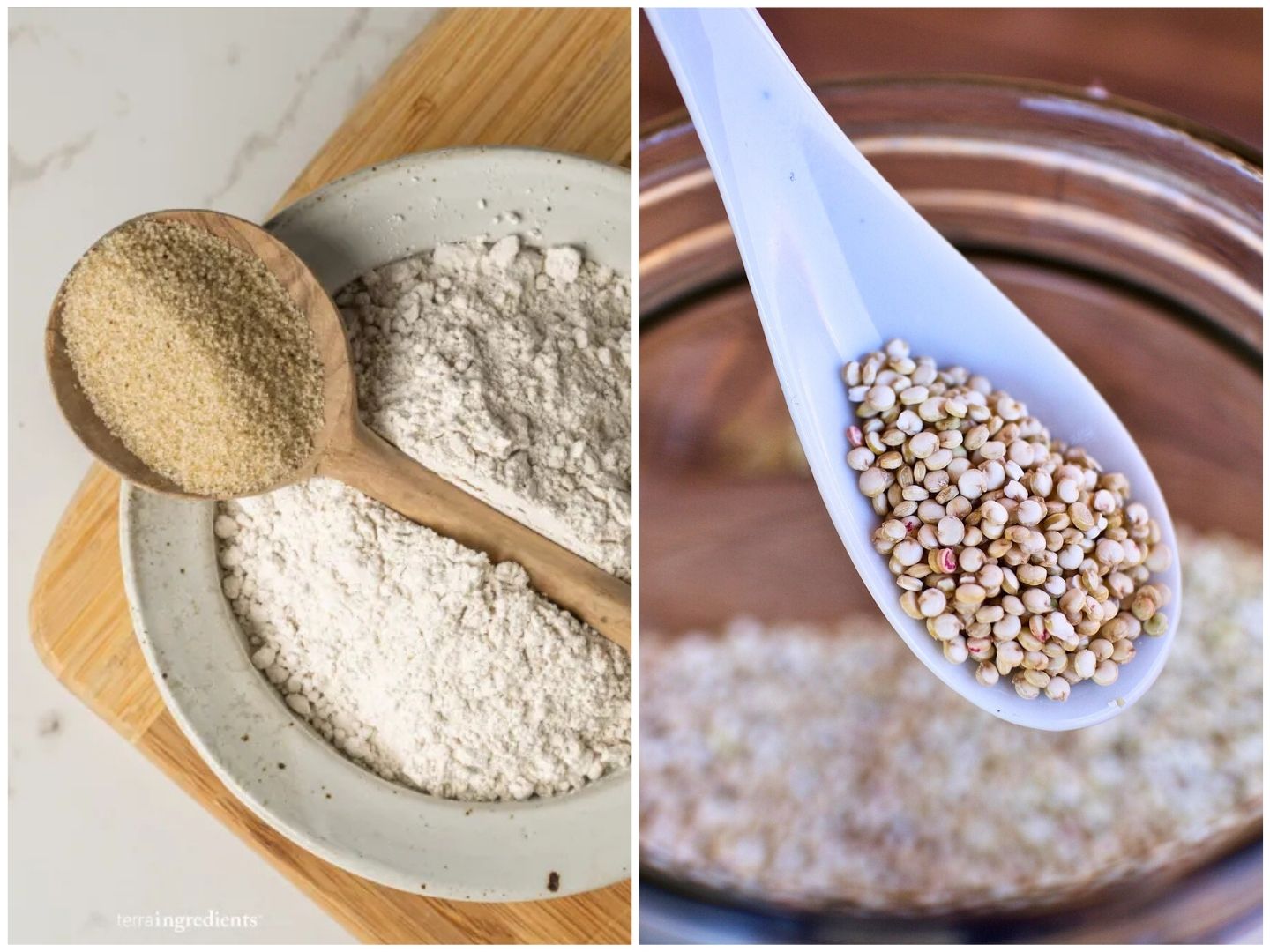 Fonio grain and flour is presented in a bowl and on a wooden spoon on the left, compared to a spoonful of raw quinoa on the right.