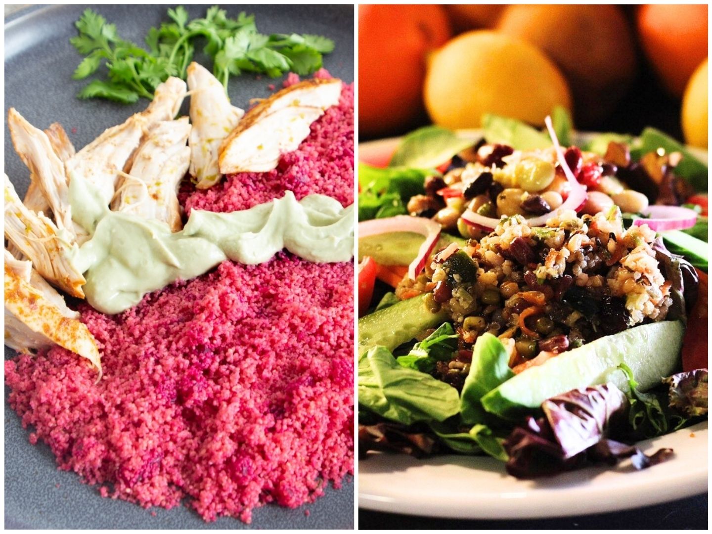 A plate of chicken and beet fonio (left) is displayed next to a quinoa salad (right)