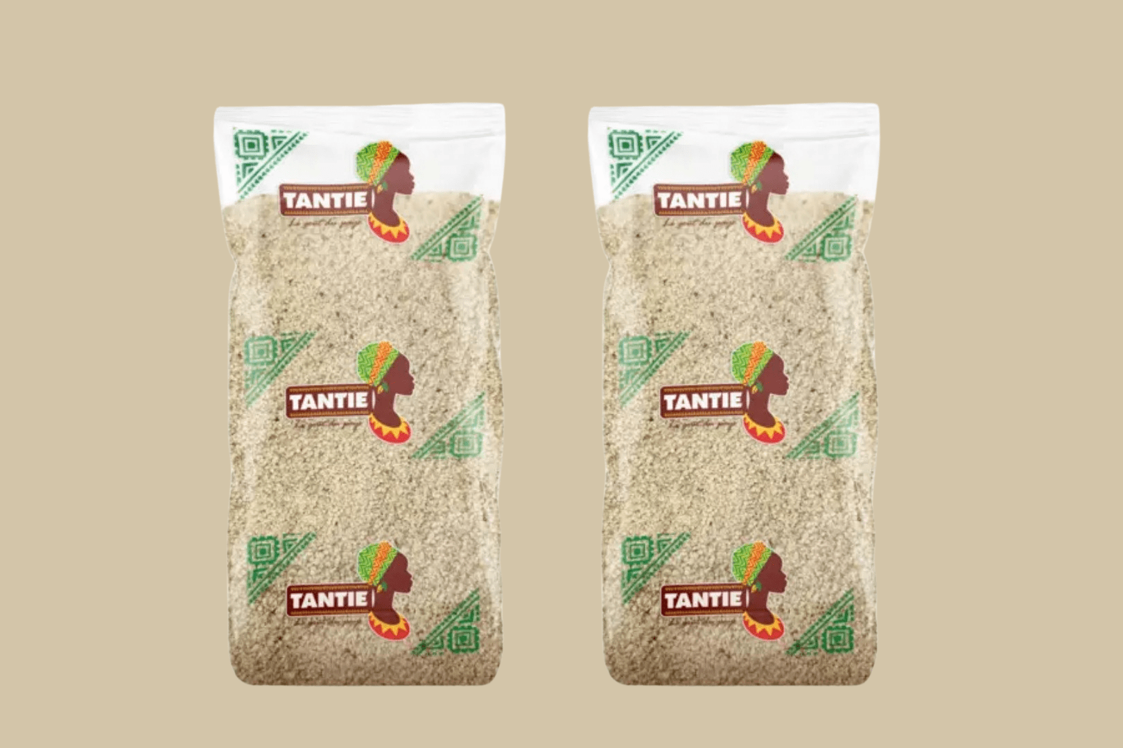 A bag of uncooked fonio with brand logos is displayed