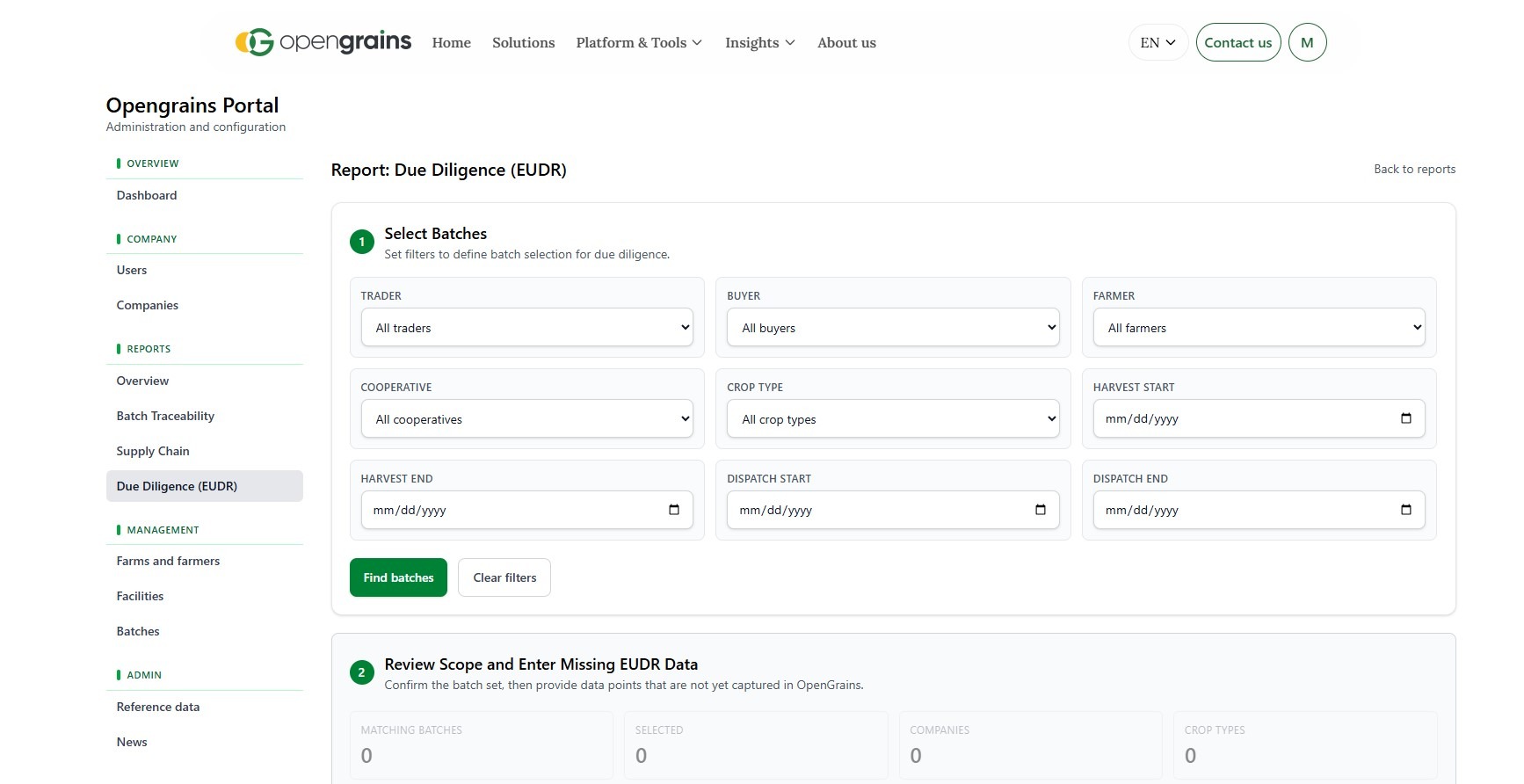 Screenshot of a database search function for farmer batch records