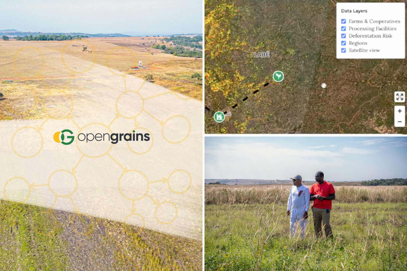 A collage of photos of farms in Guinea, Africa and a screenshot of a digital satellite imaging platform
