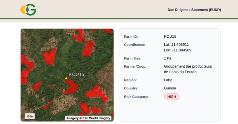 A satellite GPS image shows historical deforestation reporting in red in Labe, Guinea